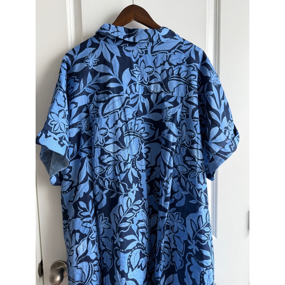 Belle Asle Blue Floral Organic Linen Midi Caftan Dress Short Sleeve Pocket - Picture 4 of 16